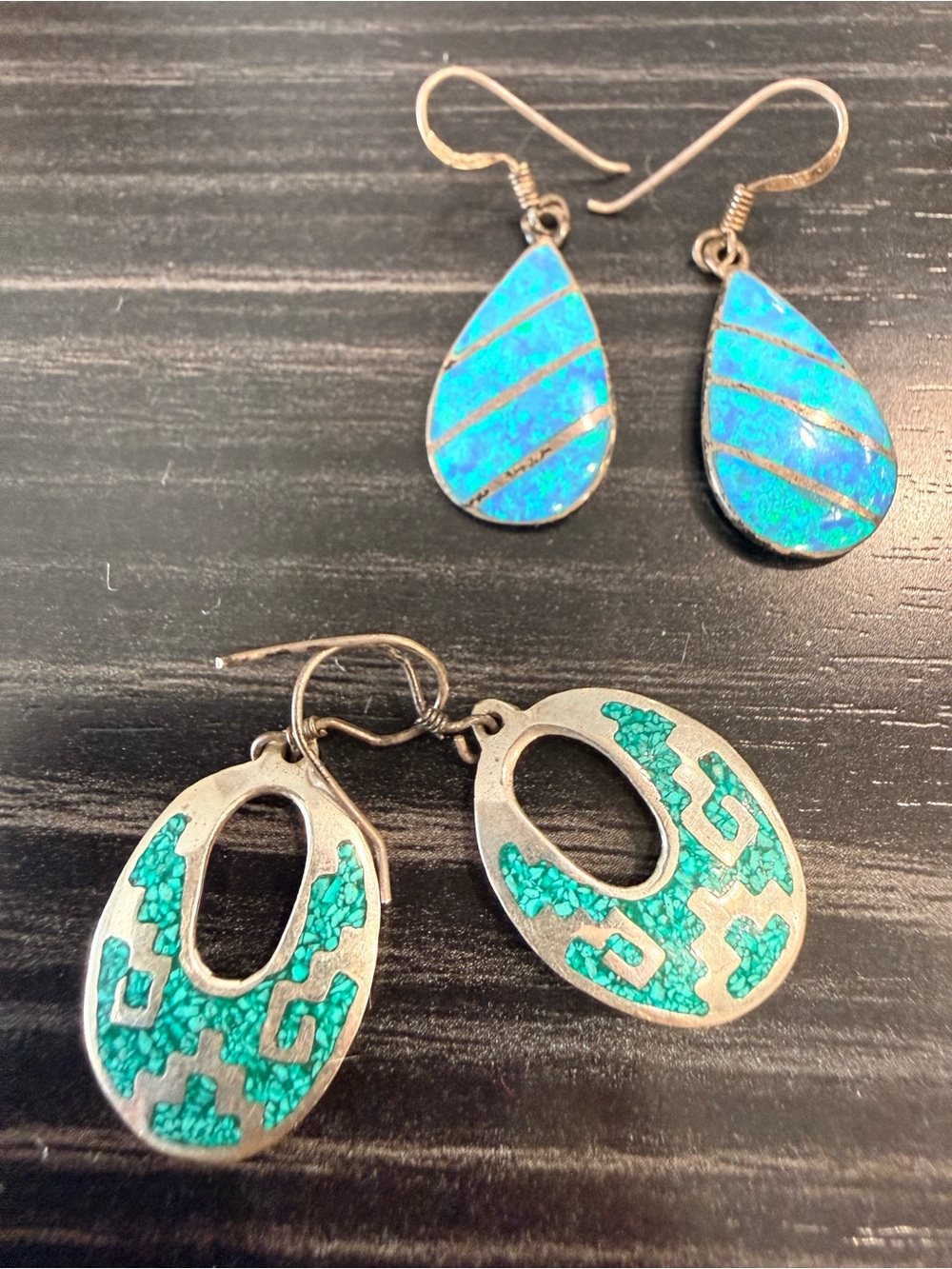 Silver Turquoise Inlay Teardrop & Oval Earrings - Women Jewelry
